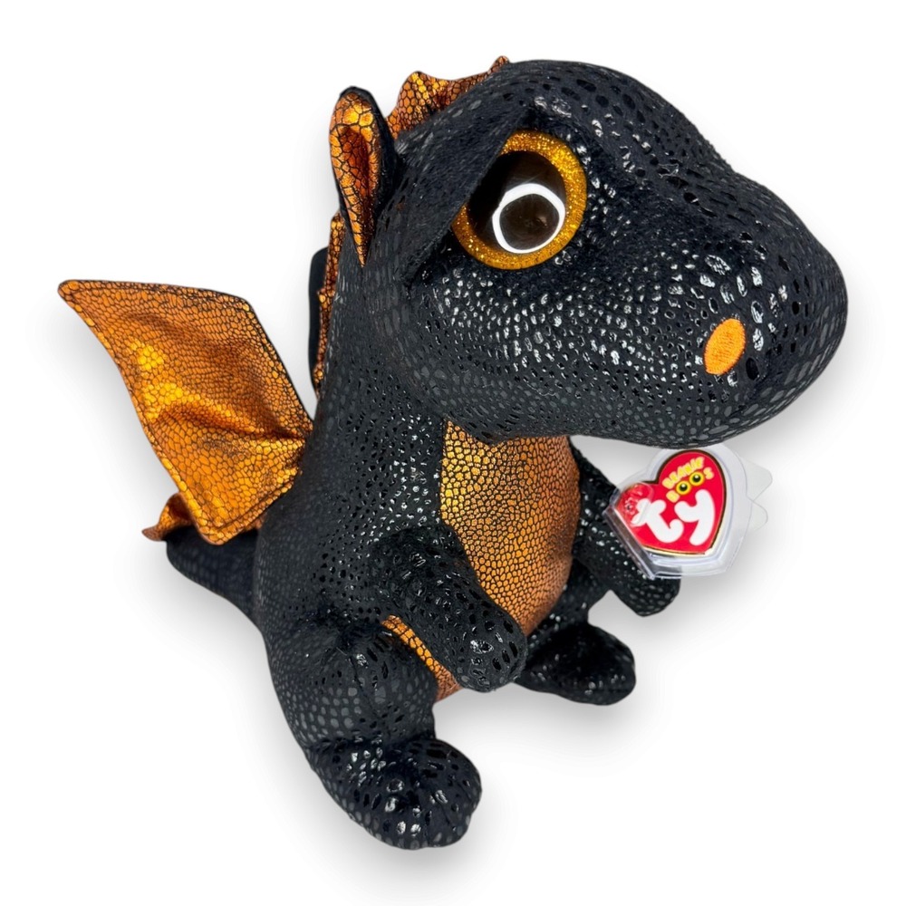 Merlin the Dragon | Medium Midnight Fire Dragon | Mint Heart Tag TY Beanie Boo